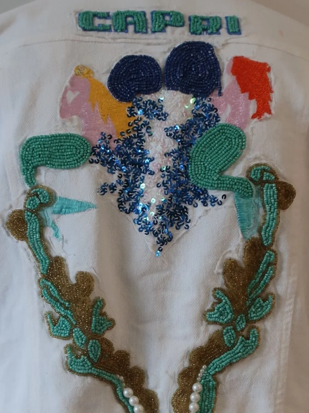 NWT Womens Antica Sartoria By Giacomo Cinque Wht Embroidered Bead Denim Jacket S - Picture 11 of 13